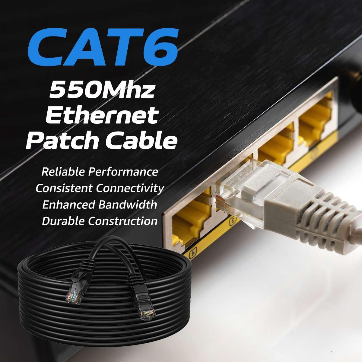 Cat6 50FT Network Ethernet Patch Cable, 550Mhz Internet Wire, Backwards Compatible with Cat5, for PC, Modem, Router, Consoles for Home and Office, Black